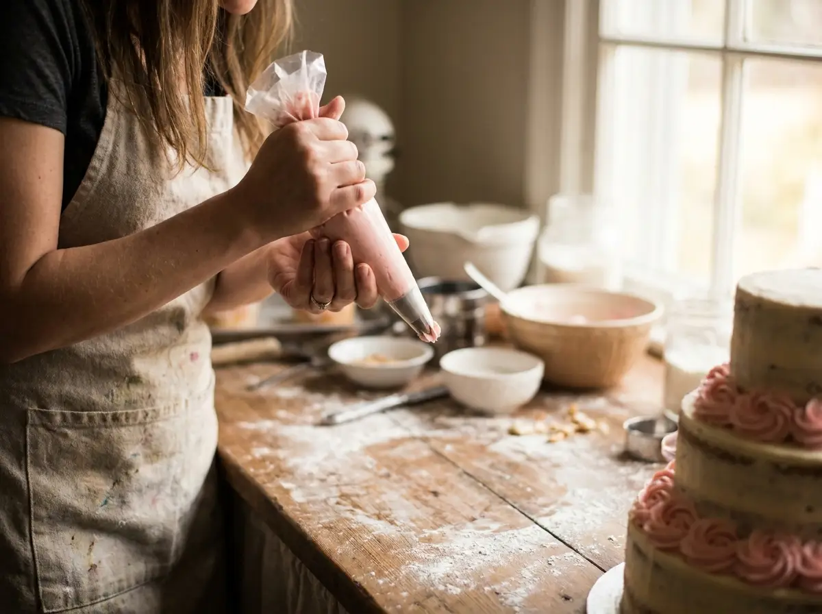 A baker's hands piping buttercream onto a cake at Paddy Cake Bakery