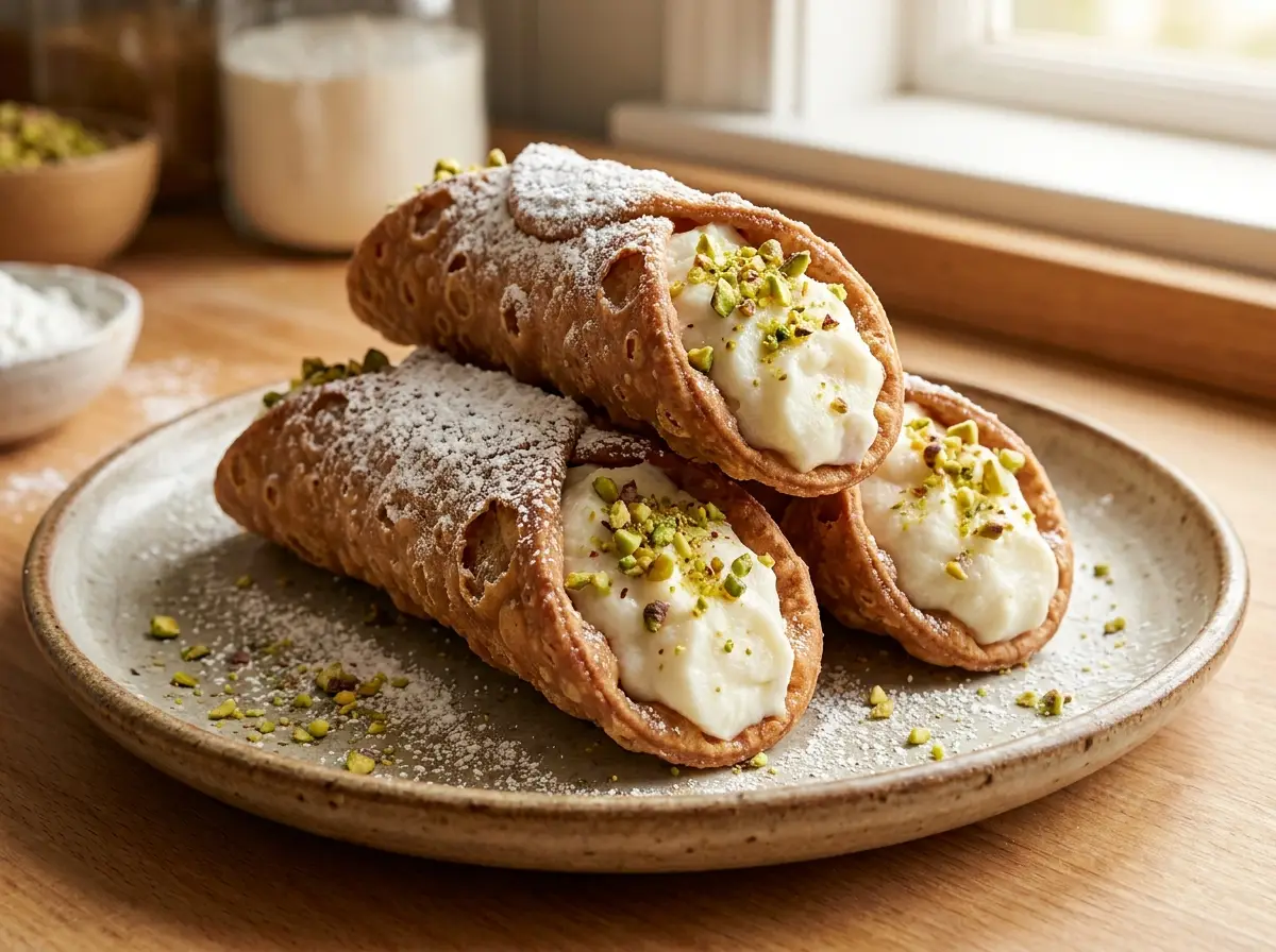 Fresh cannoli dusted with powdered sugar