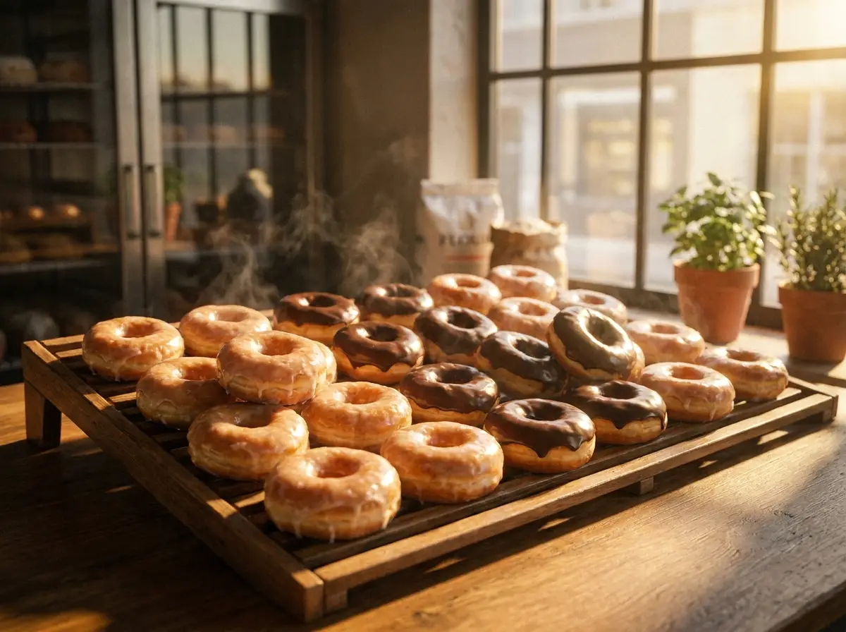 Fresh glazed donuts on a bakery rack