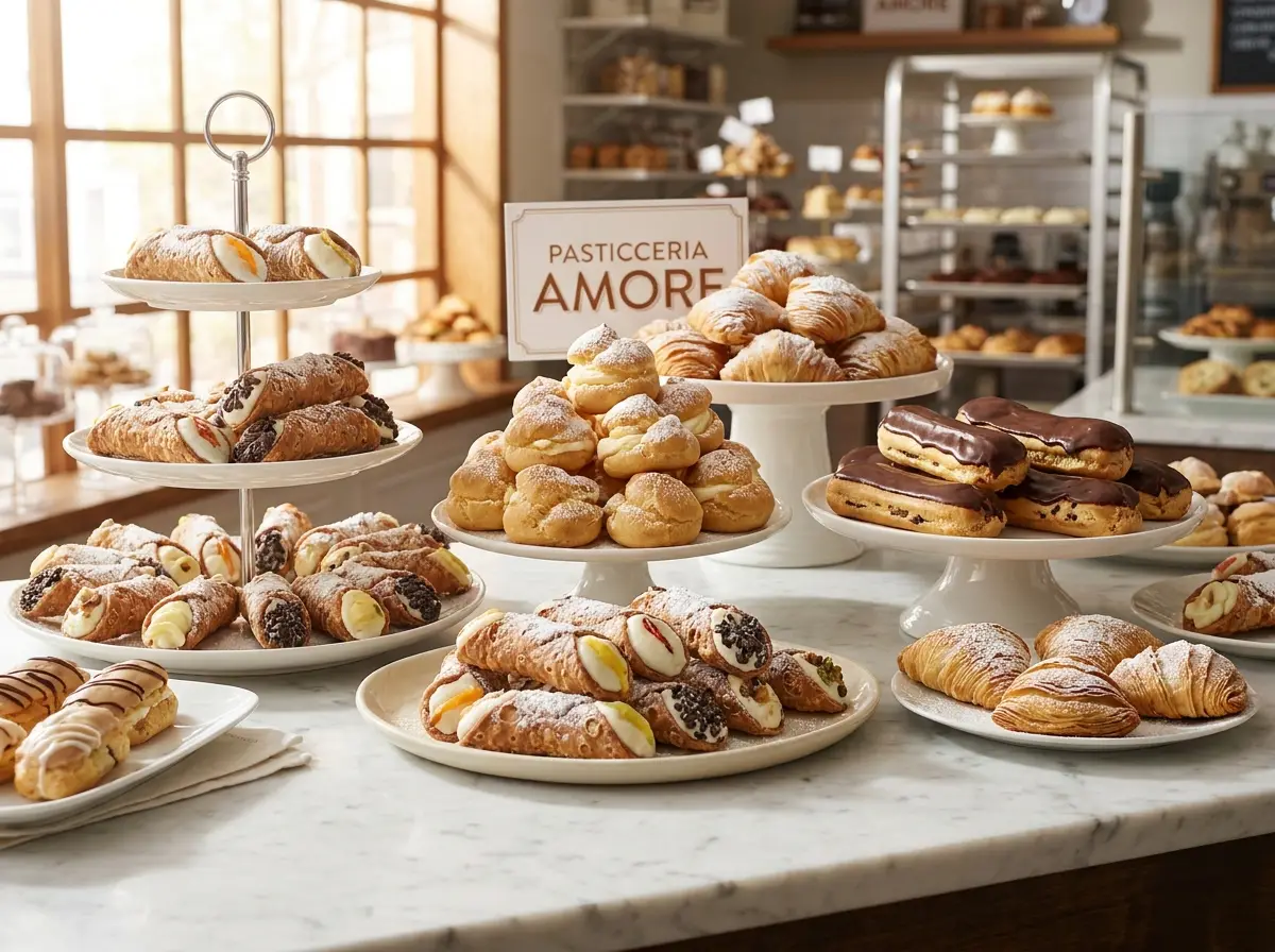 Italian pastries — cannoli, eclairs and cream puffs