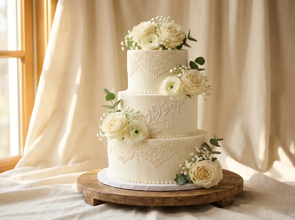 Three-tier wedding cake with fresh flowers