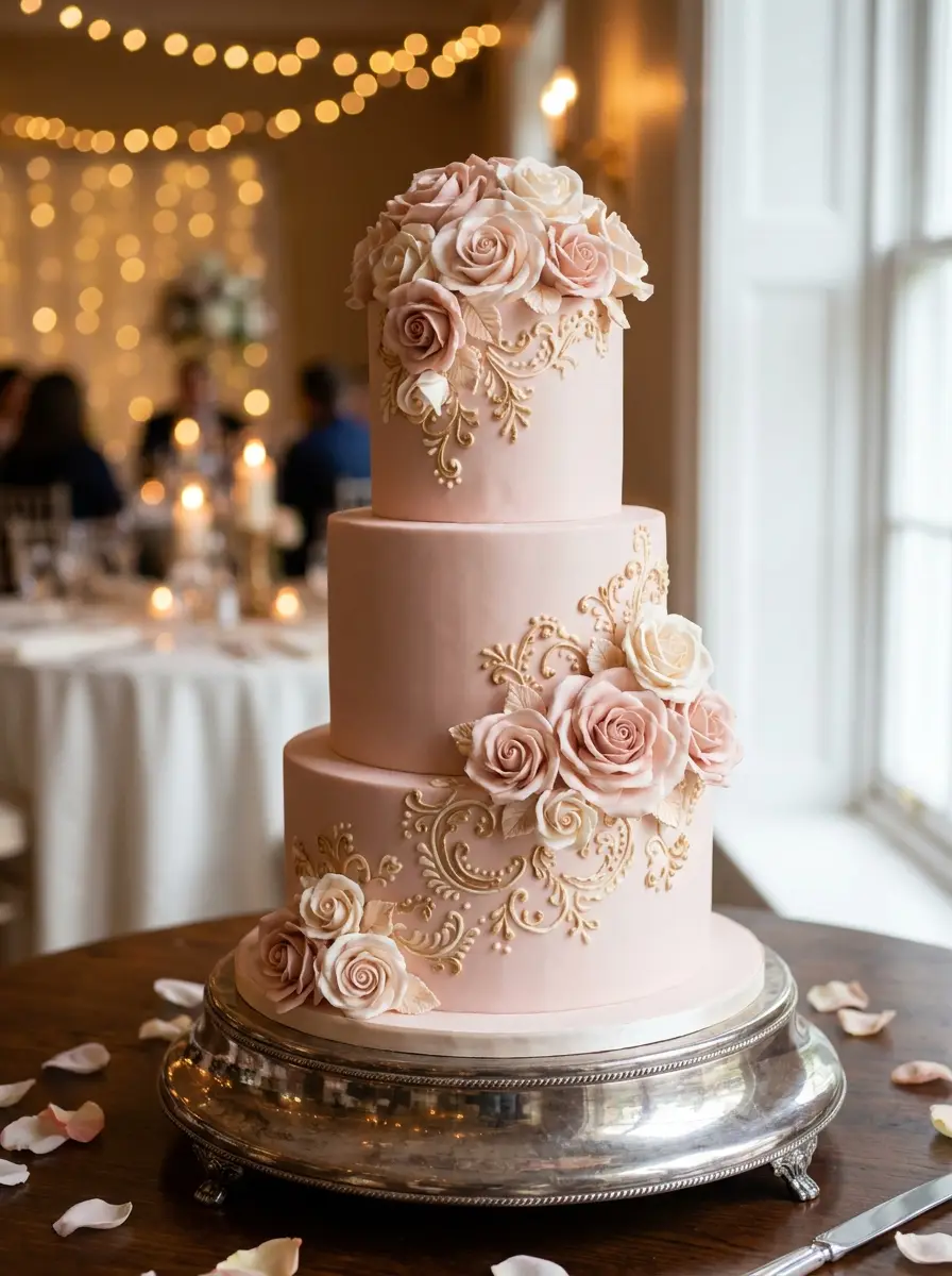 Blush pink three-tier wedding cake with sugar roses