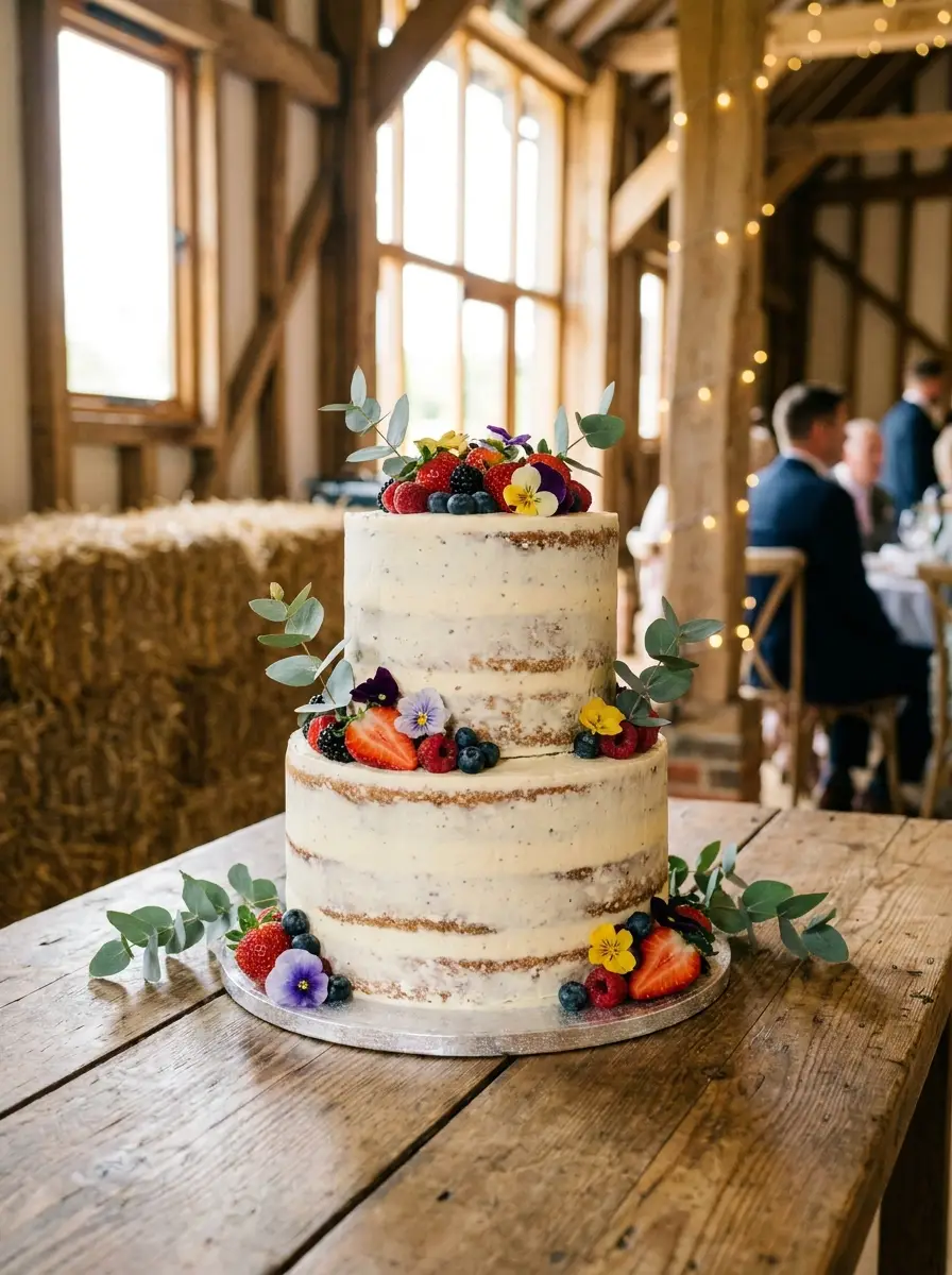 Rustic semi-naked wedding cake with berries