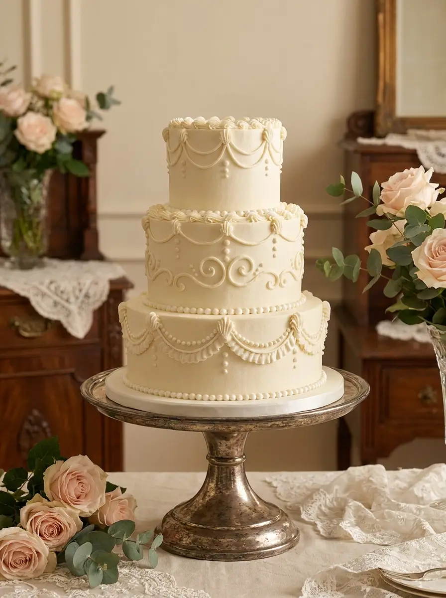 Vintage ivory wedding cake with Lambeth piping
